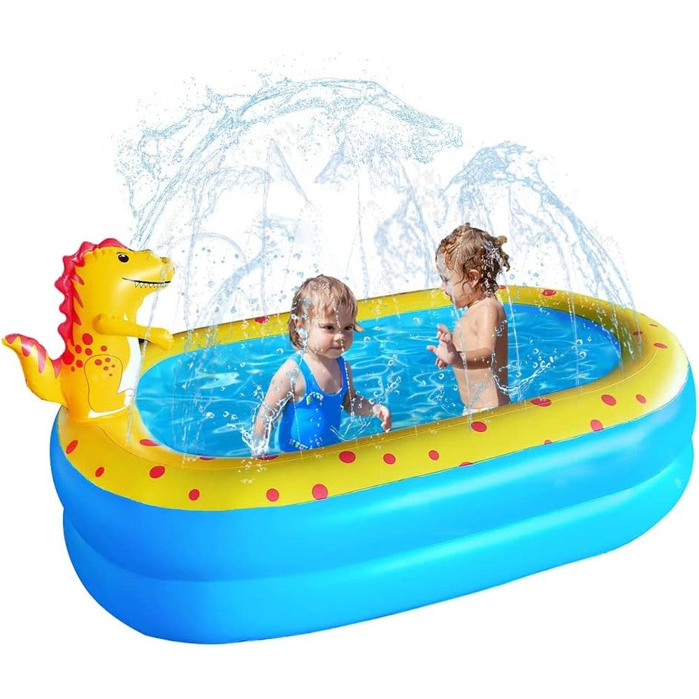 UMEELR inflatable swimming pool for kids showcasing the front view of the yellow and blue dinosaur design