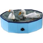 Hdnbsp foldable duck pool front view showing the blue portable hard plastic structure filled with water for pets.