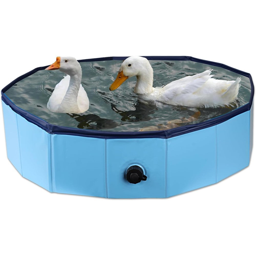 Hdnbsp foldable duck pool front view showing the blue portable hard plastic structure filled with water for pets.
