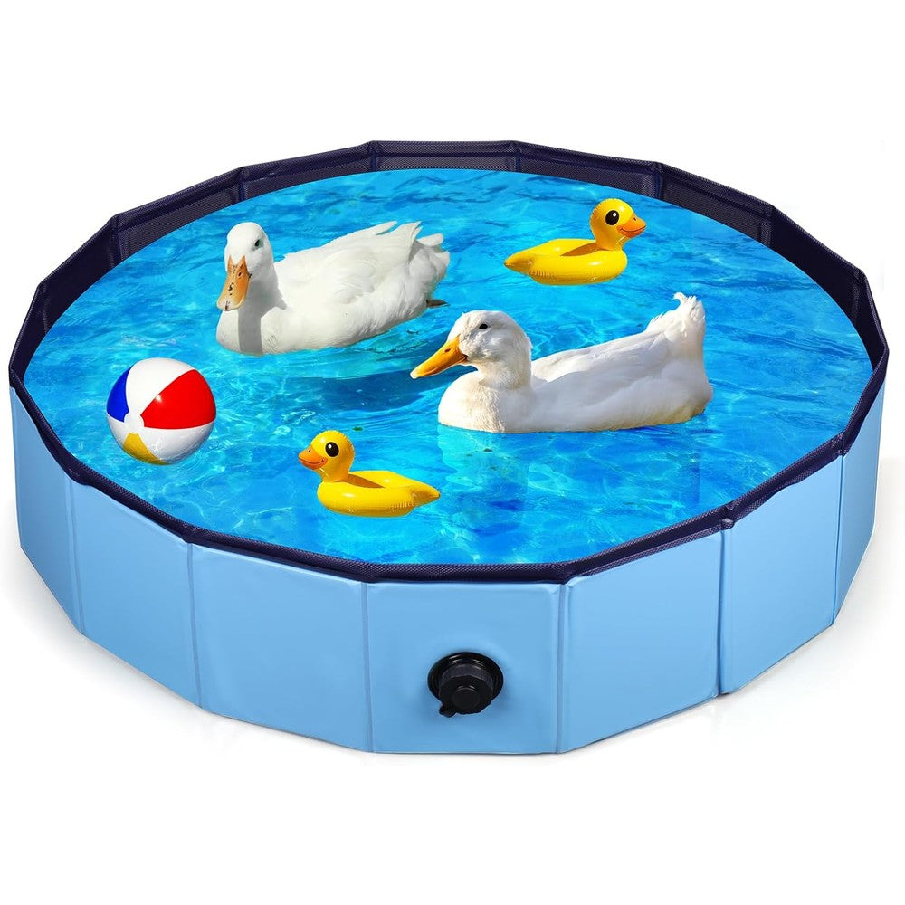 Mity Rain collapsible duck pool front view showing blue vinyl sides filled with water.