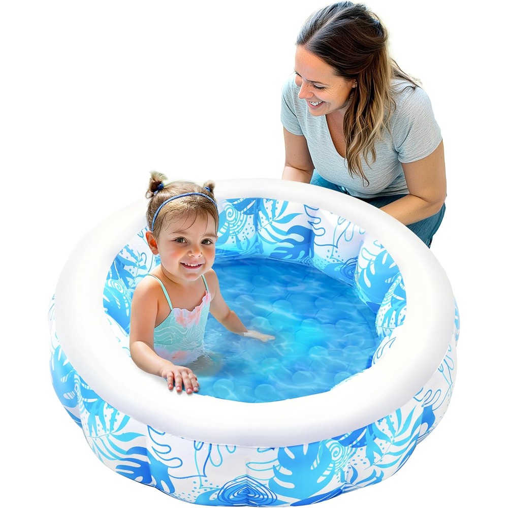 Sloosh inflatable kiddie pool front view showcasing the blue tropical design.