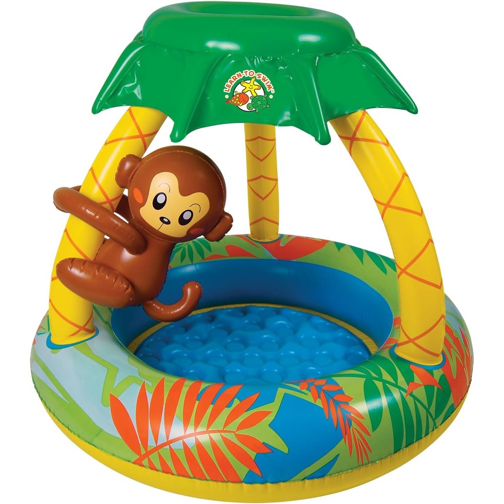Poolmaster Go Bananas Monkey inflatable pool front view showing canopy
