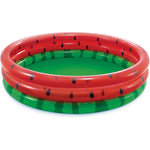 Intex inflatable watermelon kids swimming pool front view setup on a backyard lawn.