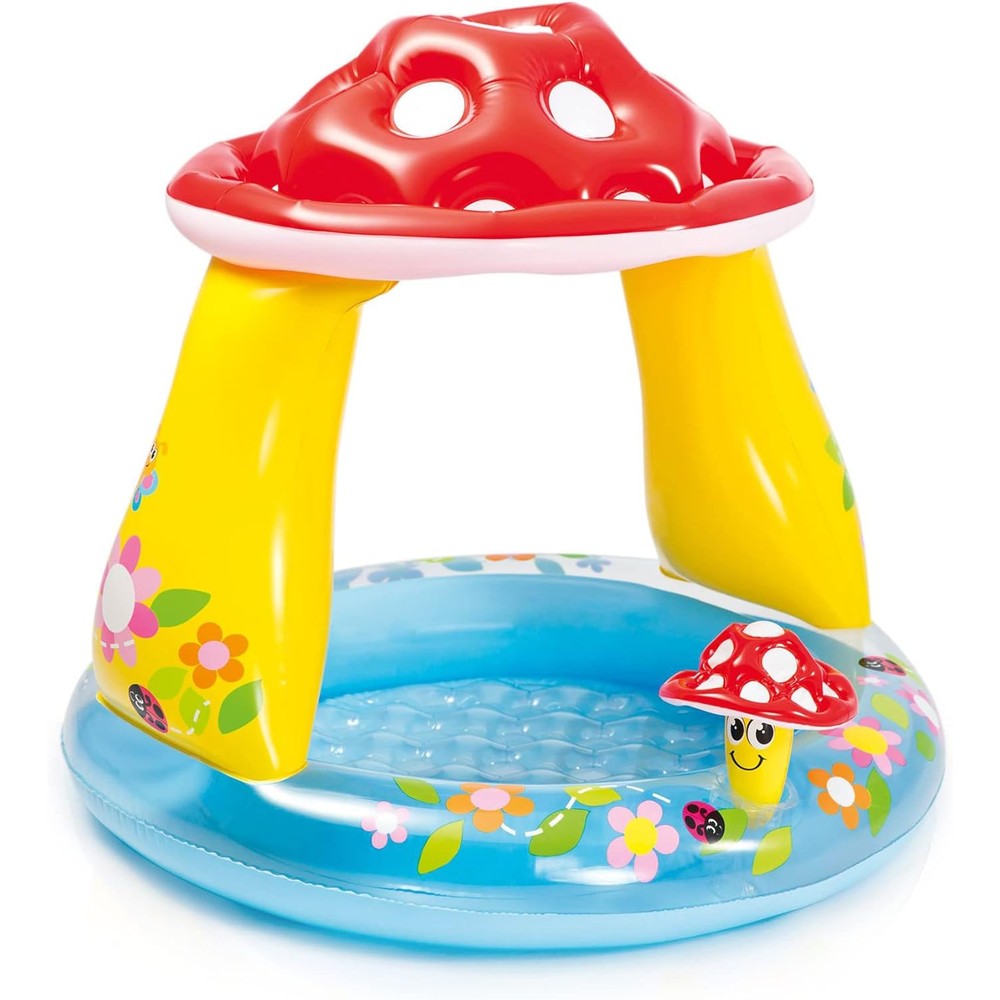 Intex Mushroom Baby Pool front view showing red and white inflatable sunshade canopy