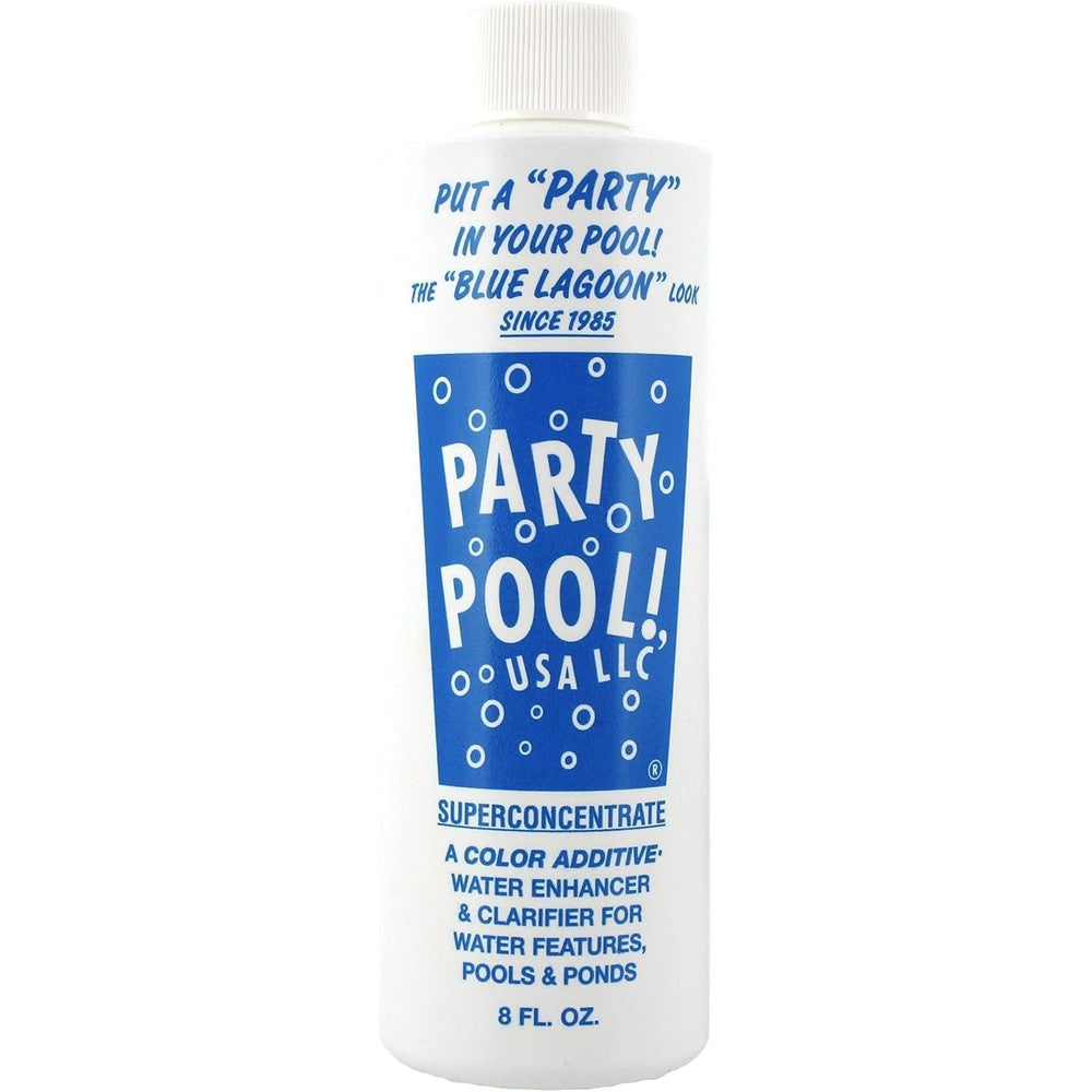 Party Pool LLC Blue Lagoon liquid color additive eight ounce bottle front view highlighting the swimming pool water dye branding