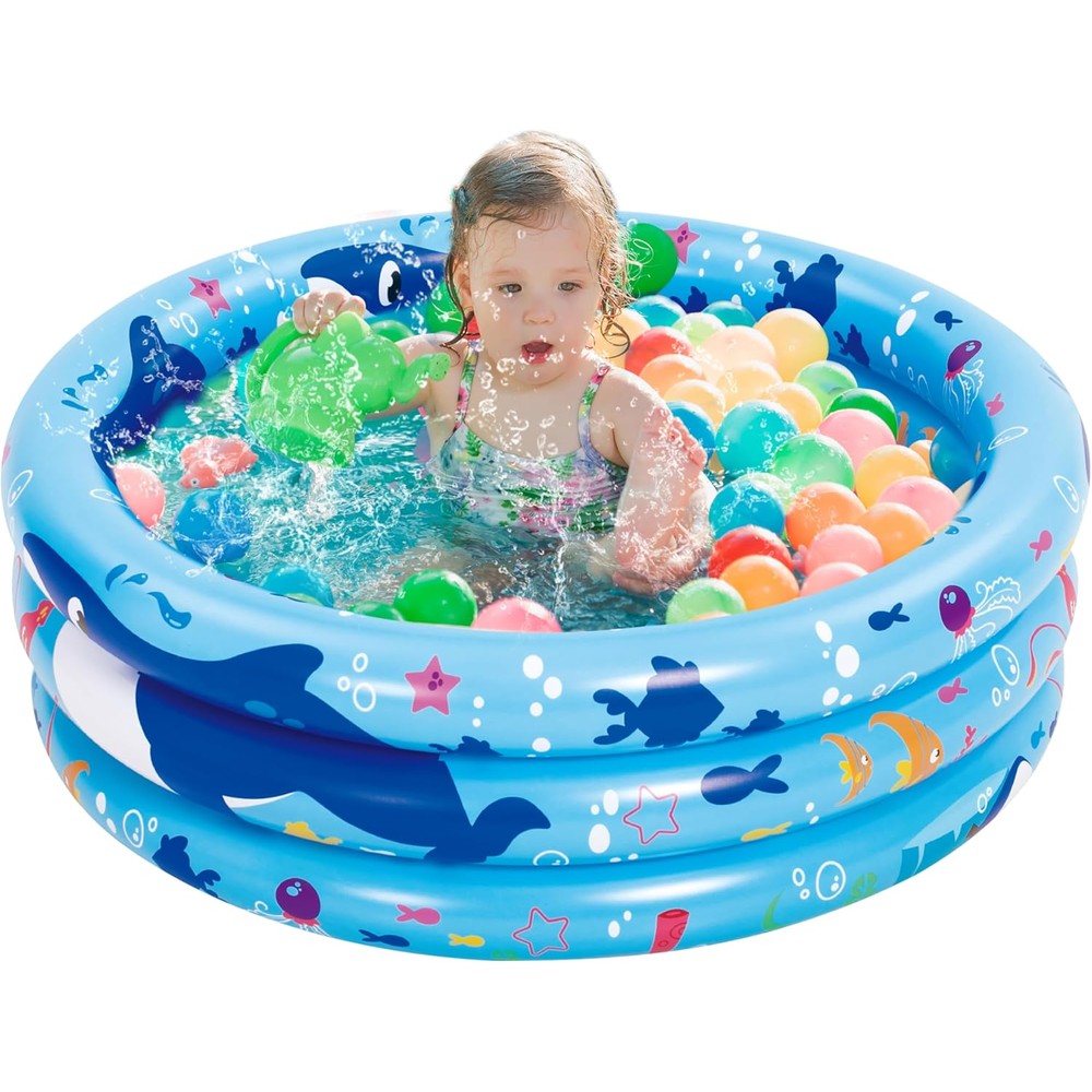 Sloosh inflatable kiddie pool front view showing blue ocean whale pattern rings
