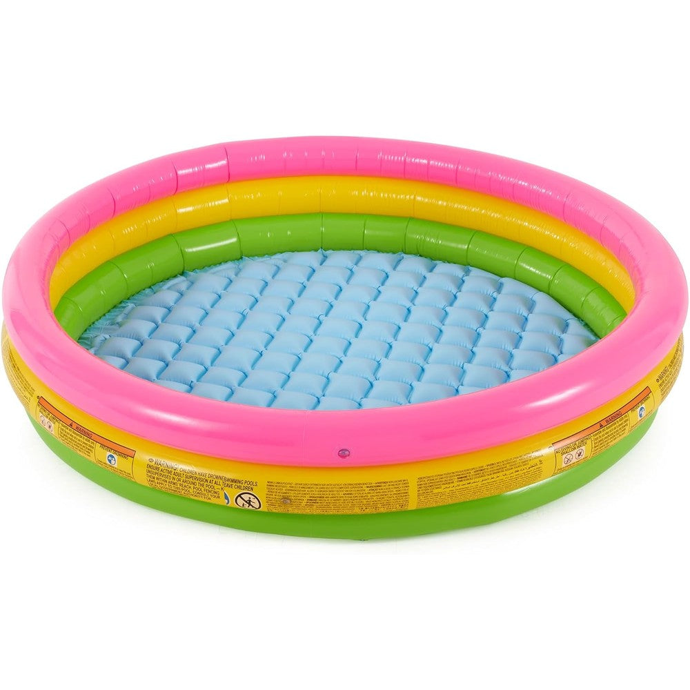 Intex Sunset Glow Inflatable Kiddie Swimming Pool front view showing the vibrant pink green and yellow triple ring design