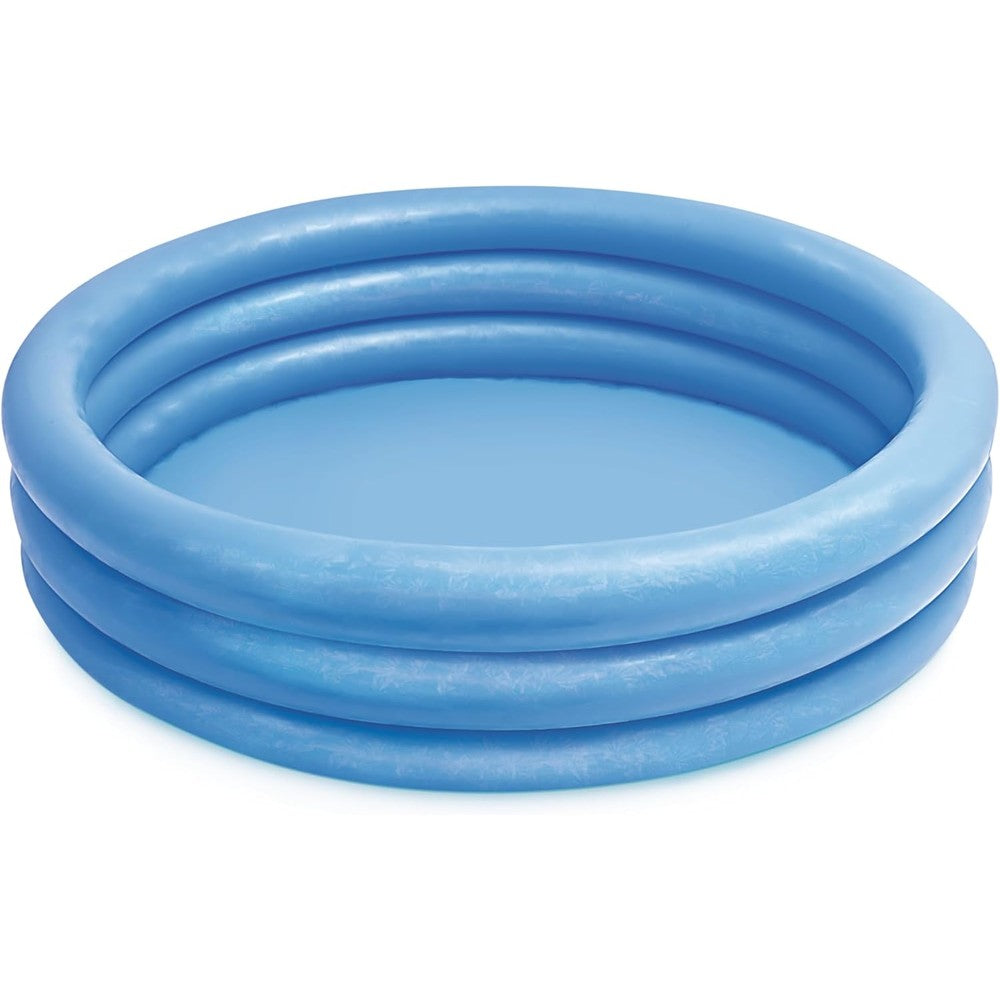 Intex Crystal Blue Inflatable Kiddie Swimming Pool front view showing three distinct blue rings on a backyard lawn.