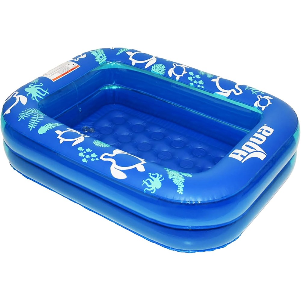 Aqua Leisure Inflatable Tanning Pool Lounger front view showing blue heavy duty vinyl construction on a luxury pool deck.