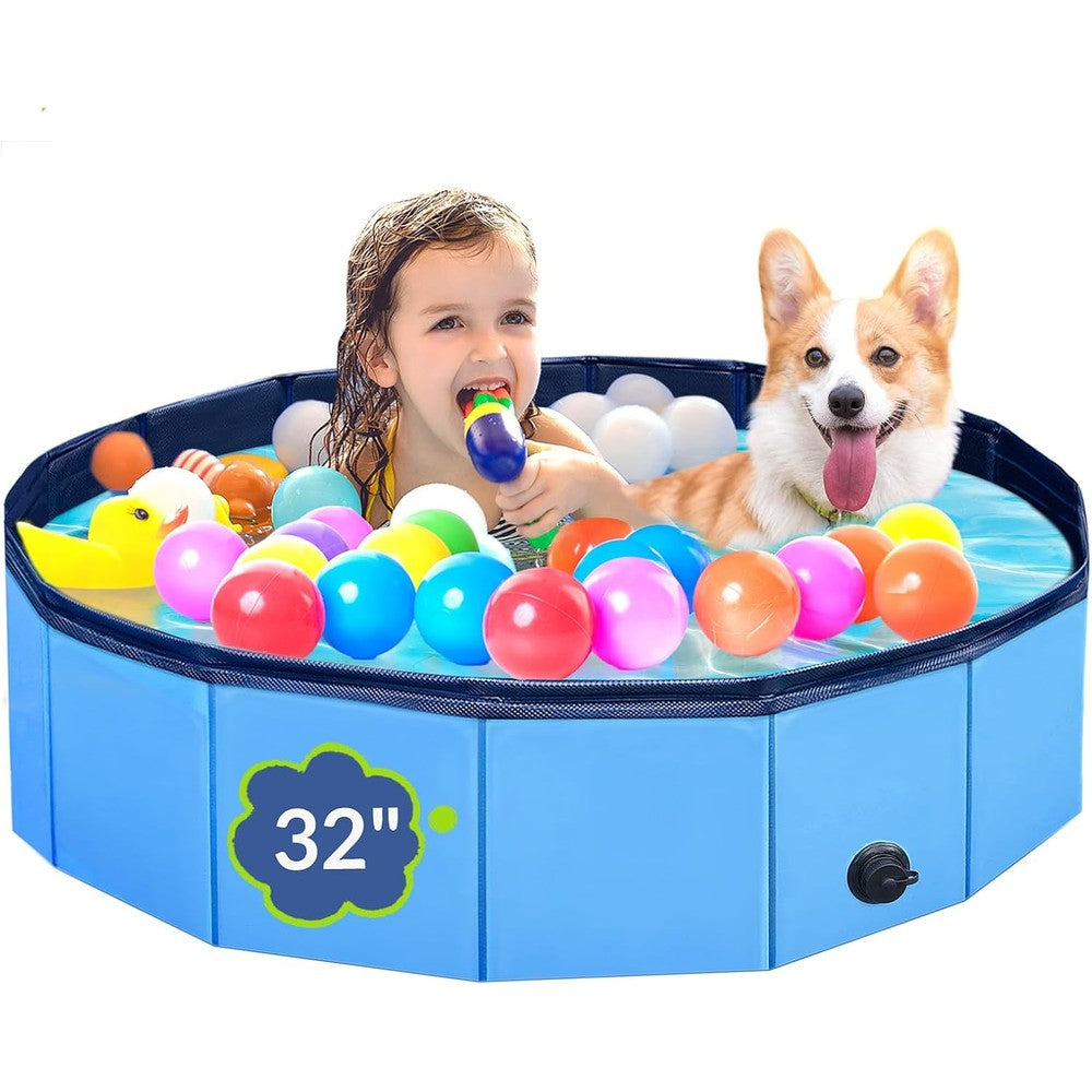 PUPTILY foldable pet swimming pool front view filled with water in a backyard setting.