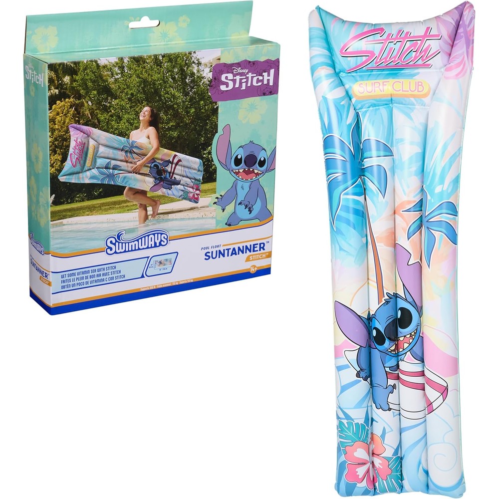 SwimWays Stitch Suntanner inflatable pool float front view displaying Disney character graphics.