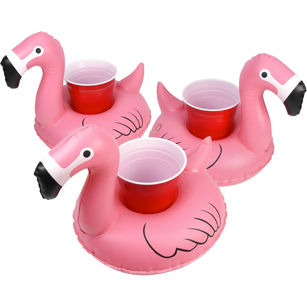 GoFloats Inflatable Pool Drink Holders front view floating on blue water with beverages.