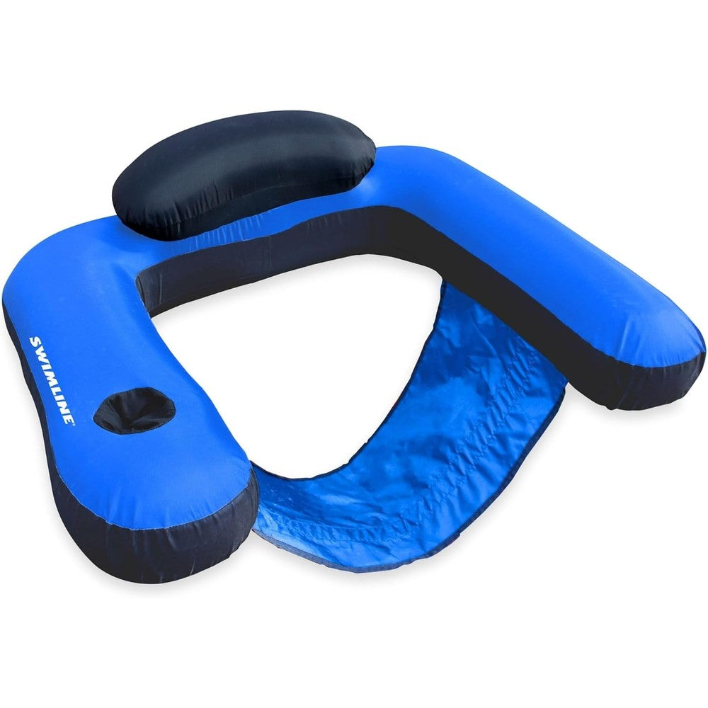 Swimline fabric covered u-seat pool lounger front view floating on blue water