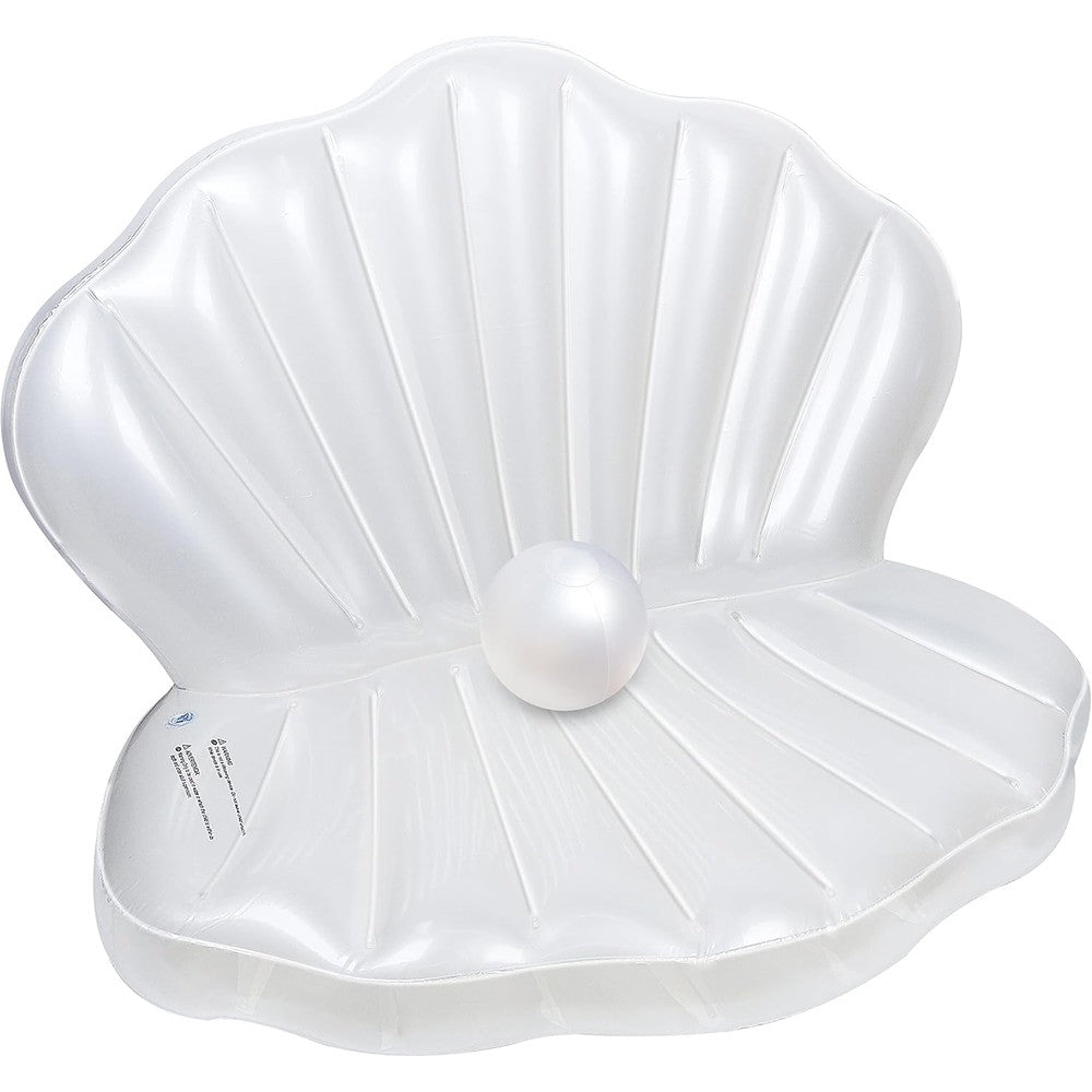 Zcaukya inflatable seashell pool float front view showcasing the giant white clam shell design floating on water with its pearl ball
