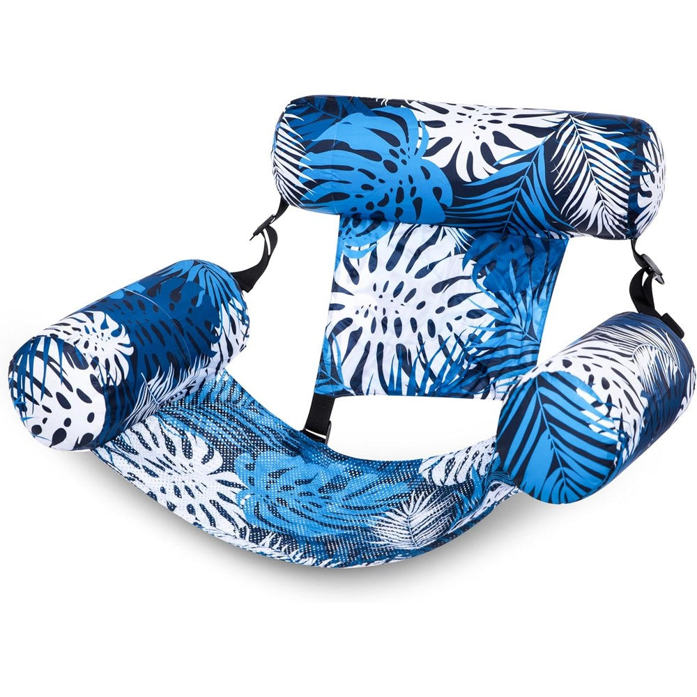 Sloosh inflatable pool float chair front view featuring a blue tropical leaf pattern fabric cover.
