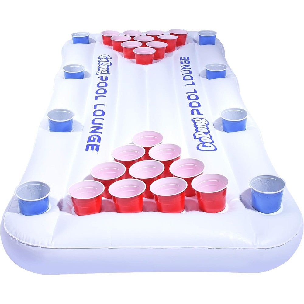 GoPong pool lounge beer pong inflatable front view showing ten cup game setup
