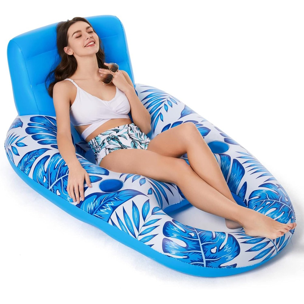 Jasonwell inflatable pool float adult front view showing blue palm leaf pattern and comfortable backrest.