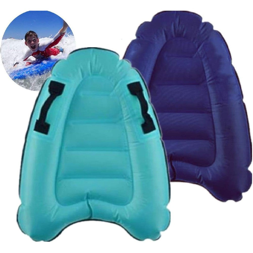 Trivamo inflatable surf body board front view featuring durable dual handles for pool swimming.