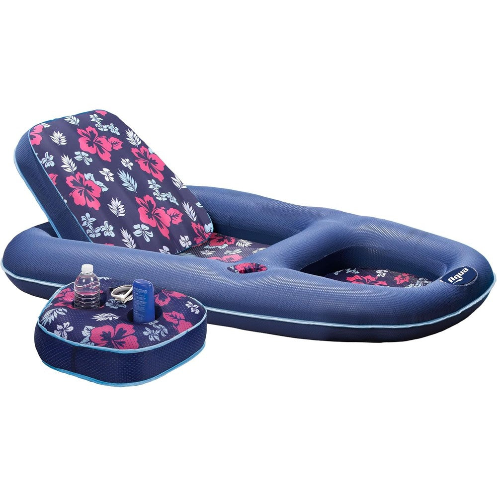 Aqua Leisure Campania ultimate pool float lounge front view showing navy hibiscus pattern on water