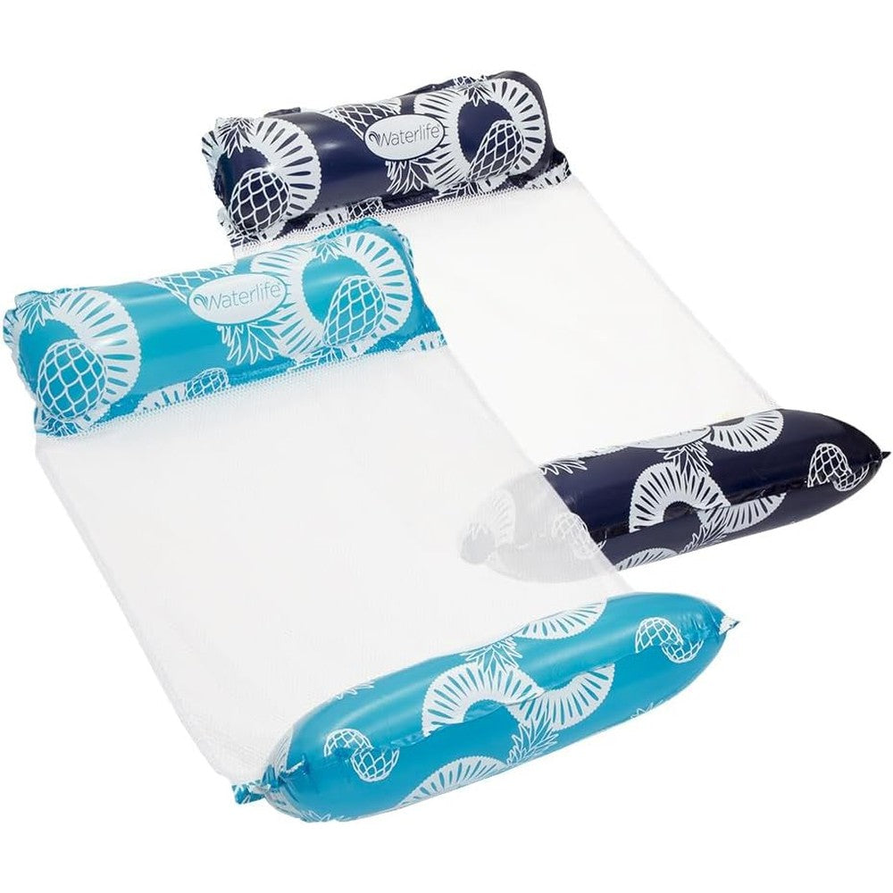 Aqua Leisure Waterlife 4-in-1 pool hammock 2-pack front view showcasing navy and light blue inflatable pillows.