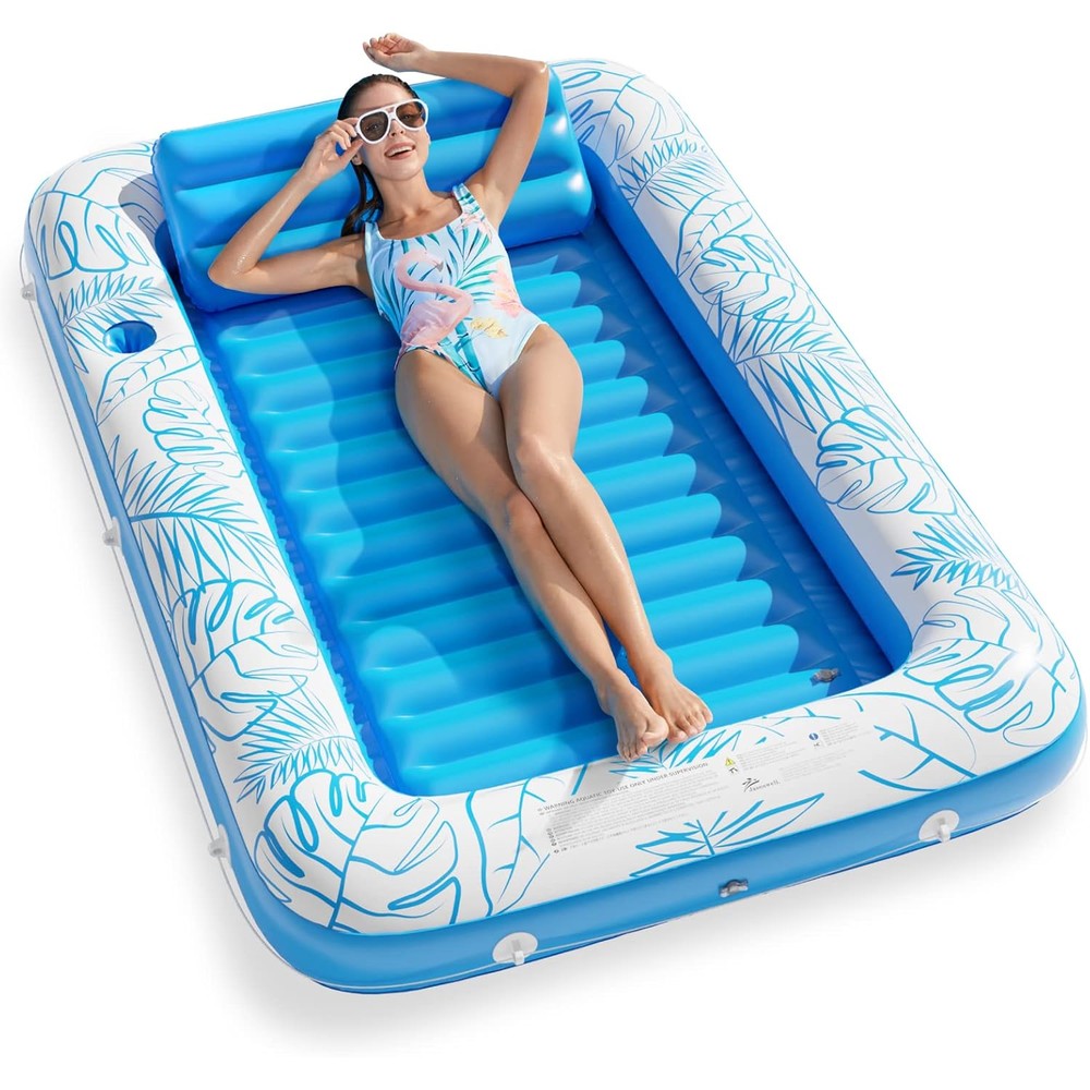 Jasonwell inflatable tanning pool lounger float front view showing blue tropical leaf pattern