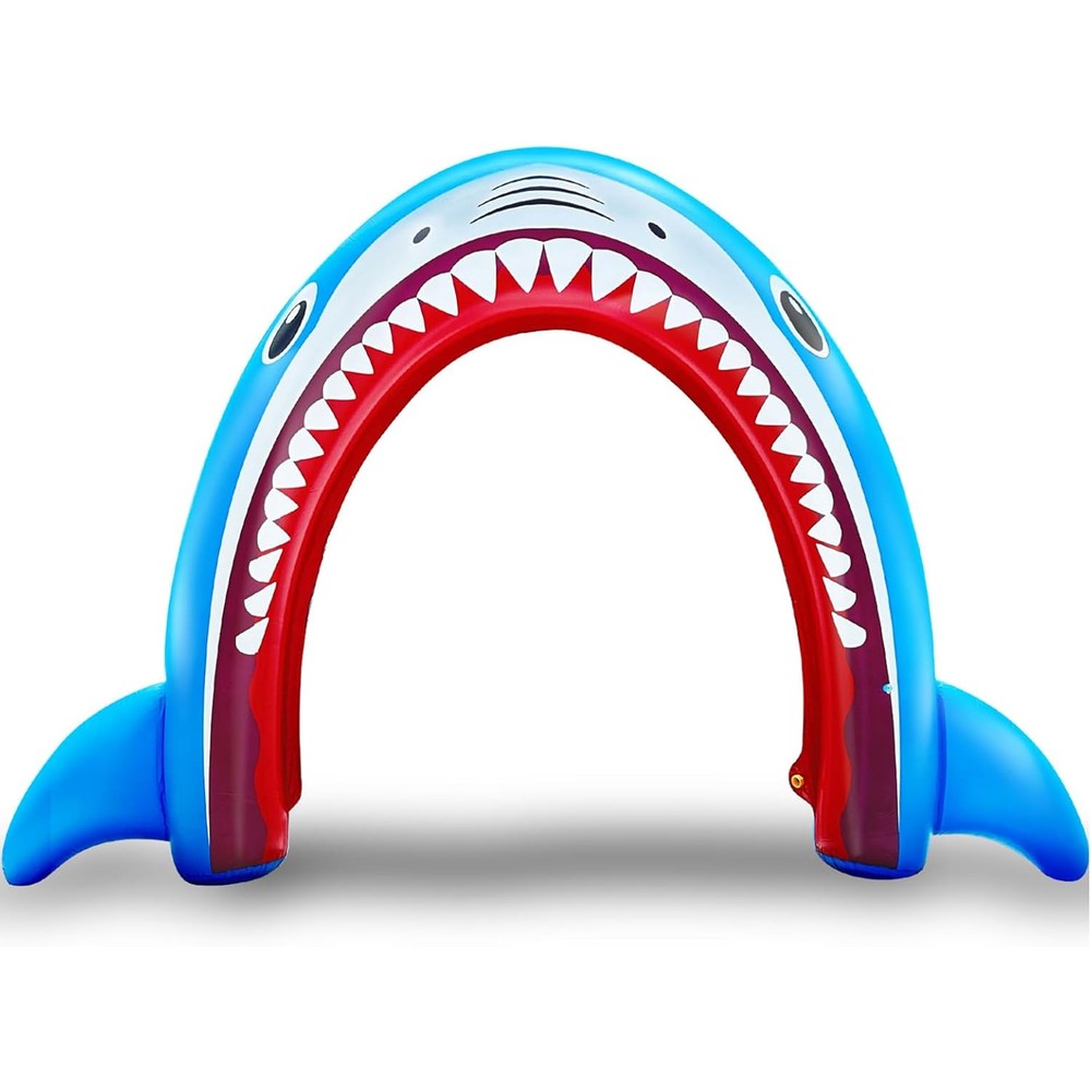 AMENON 11Ft Long Inflatable Shark Sprinkler front view arch on lawn