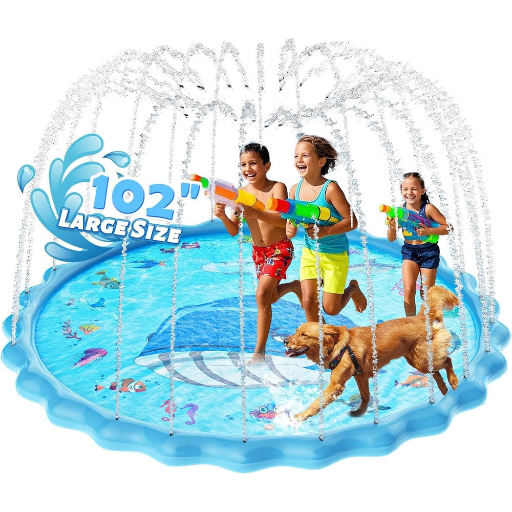 BerrysParadise 102 Inch Kids Splash Pad front view featuring large blue inflatable whale design and active water sprinklers