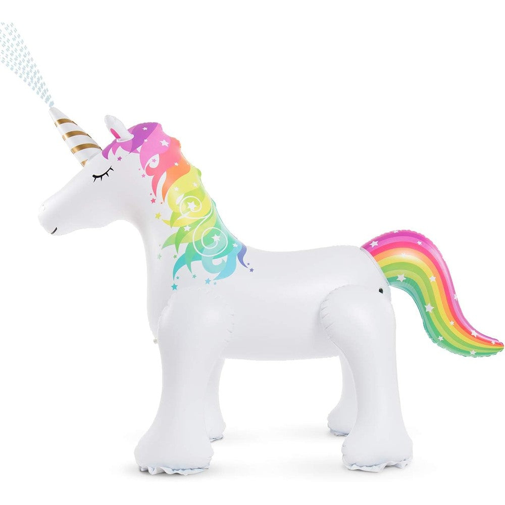 Jasonwell Unicorn Sprinkler front view showing the fully inflated magical yard water toy setup on green grass.
