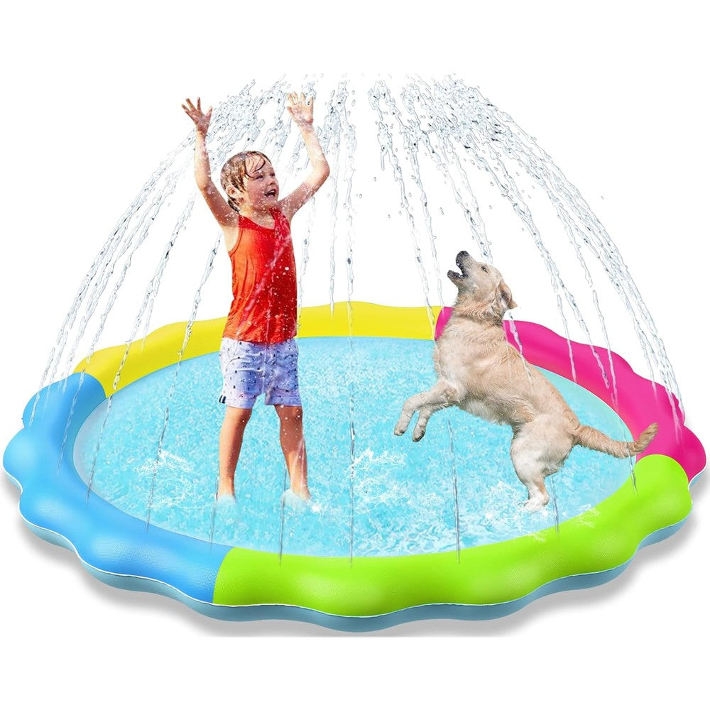 Jasonwell Non Slip Dog Splash Pad Sprinkler front view showing multicolored design