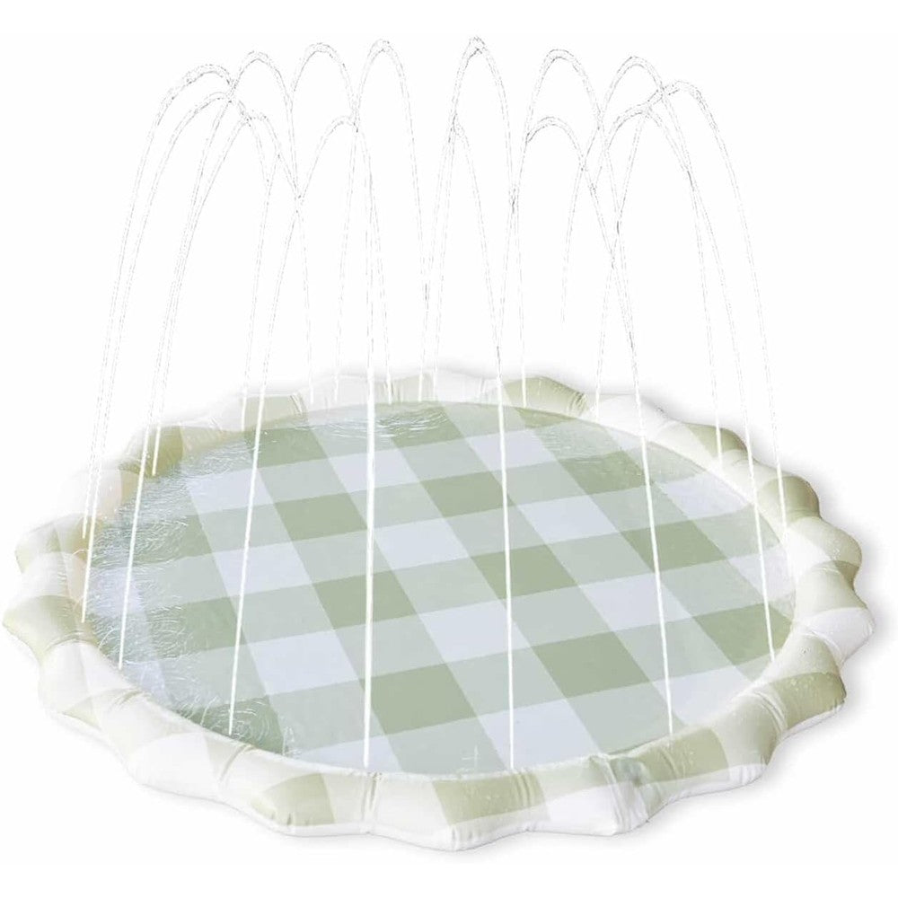Brooklyn Neutral Gingham Splash Pad front view of the beige and green check water play mat