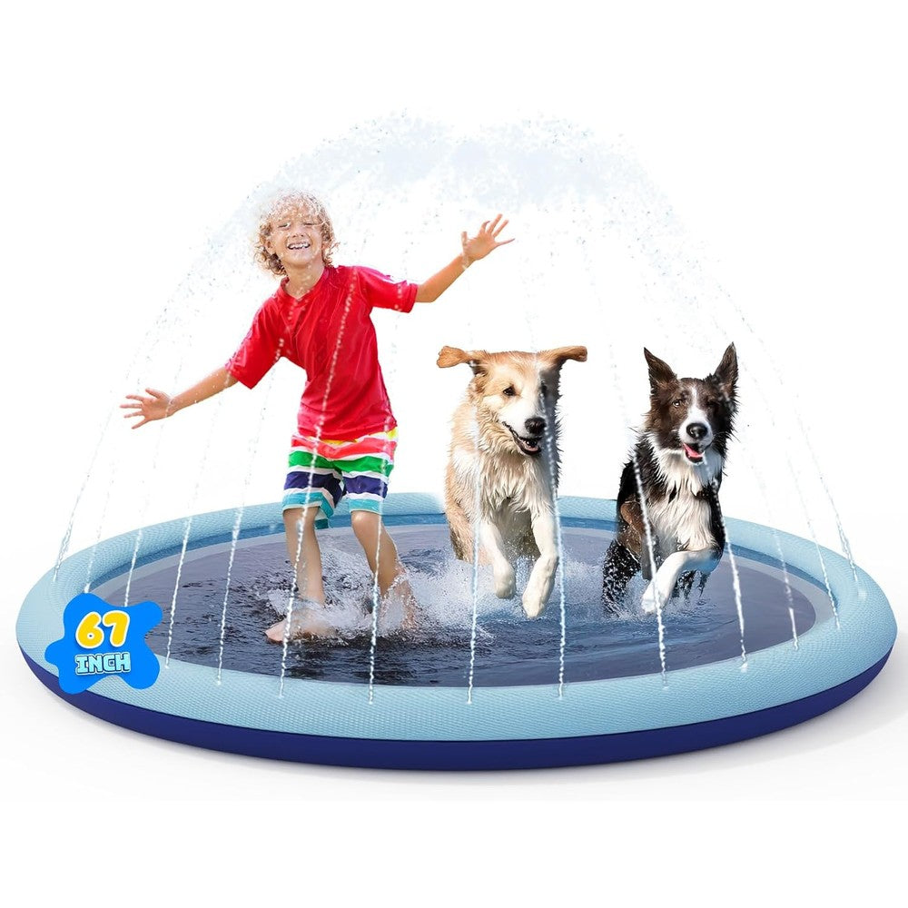 COMMOUDS 67 Inch Non Slip Splash Pad front view showing water fountains spraying inward on a blue mat