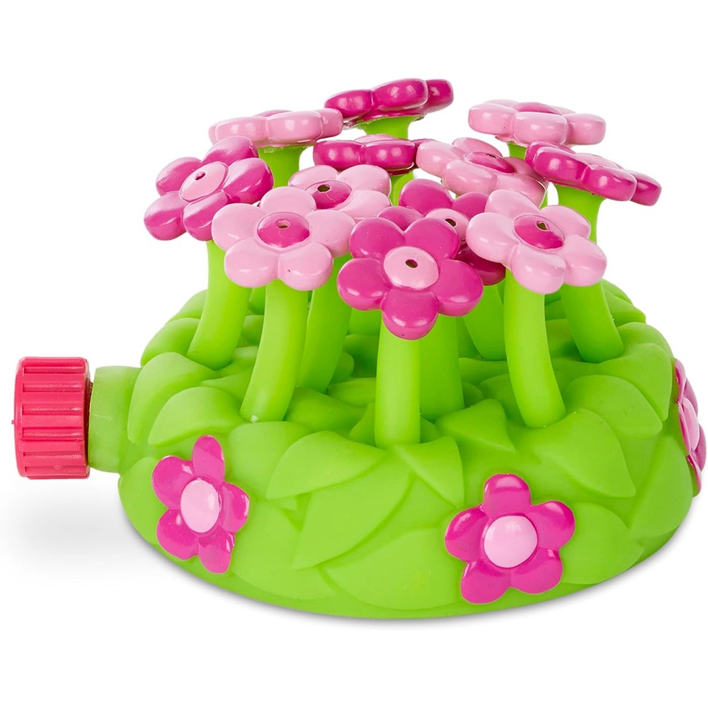 Melissa And Doug Sunny Patch Pretty Petals Flower Sprinkler front view showing twelve pink flowers on a green base.