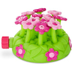 Melissa And Doug Sunny Patch Pretty Petals Flower Sprinkler front view showing twelve pink flowers on a green base.