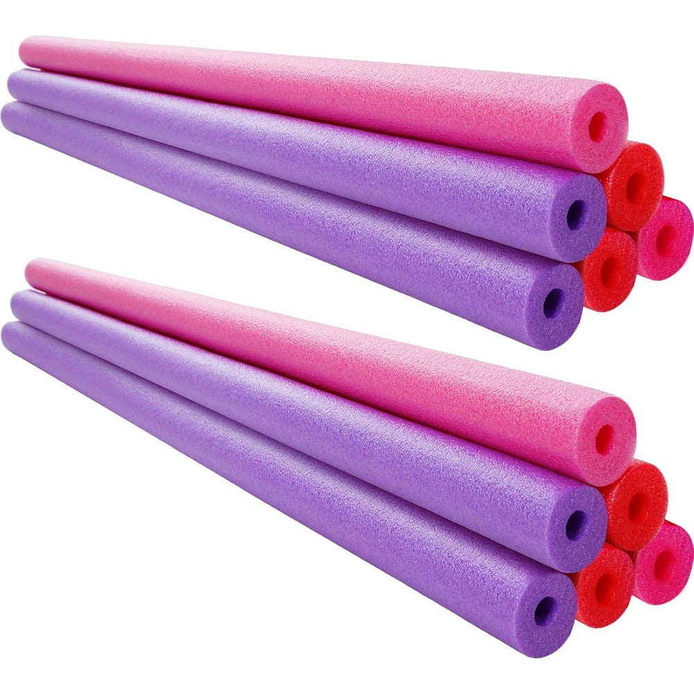 Hollowfly 12 Piece Jumbo Pool Noodles bulk pack front view showcasing bright pink red and purple hollow foam tubes