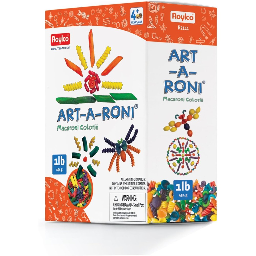 Roylco Colored Assorted Noodles one pound box front view showing vibrant craft macaroni shapes.
