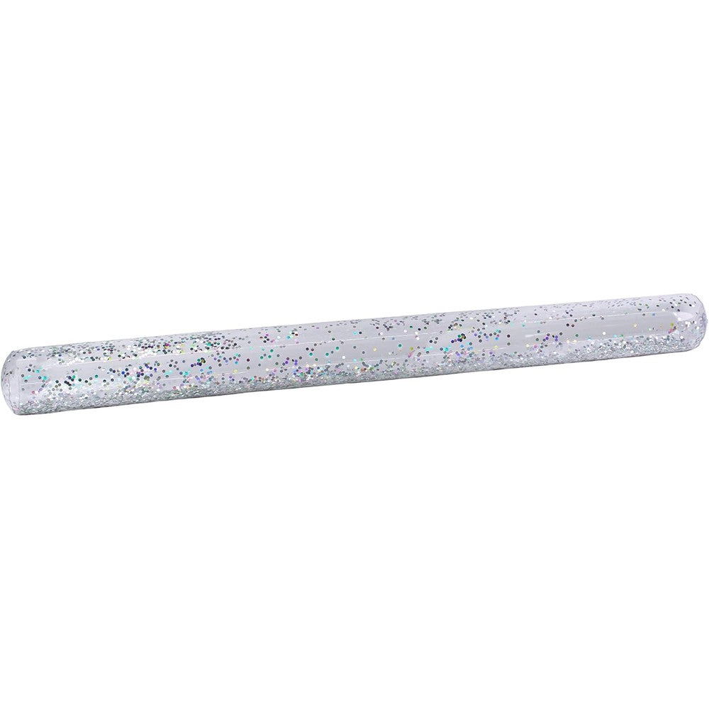 Poolmaster silver glitter swimming pool float noodle front view showcasing transparent vinyl packed with sparkling silver glitter flakes.