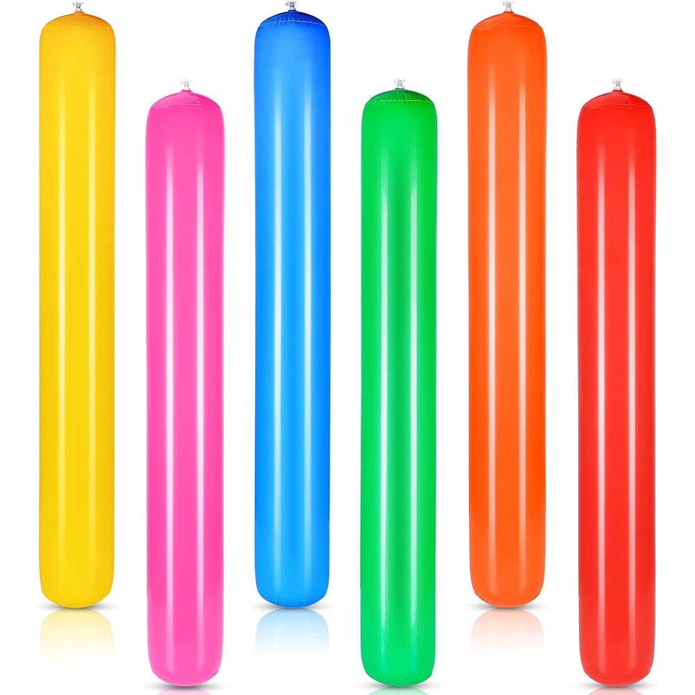 Sosation inflatable pool noodle set front view displaying six vibrant colors floating on water.