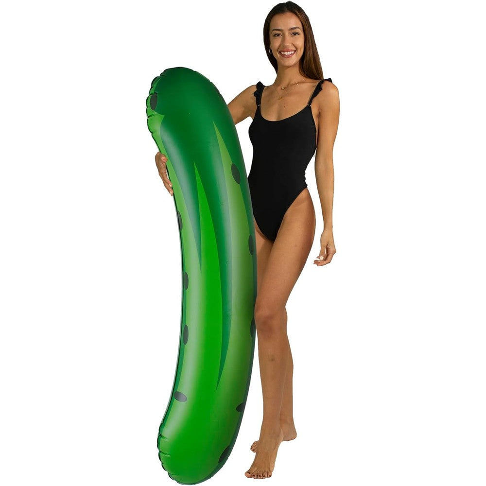 PoolCandy Giant Inflatable Pickle Pool Noodle front view showcasing the realistic green print