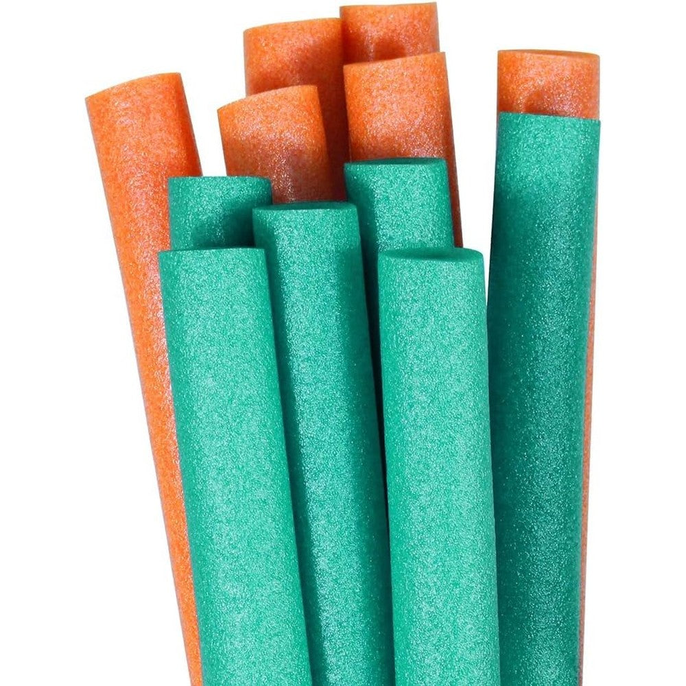 Pool Mate Premium Swimming Pool Noodles 12 Pack front view showcasing vibrant teal and orange flexible closed cell foam floating aids.