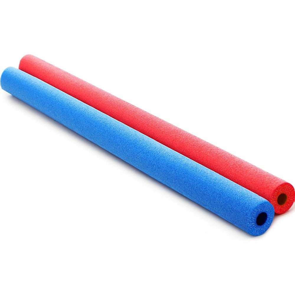 Hollowfly jumbo pool noodles front view showing one blue and one red foam tube for swimming support