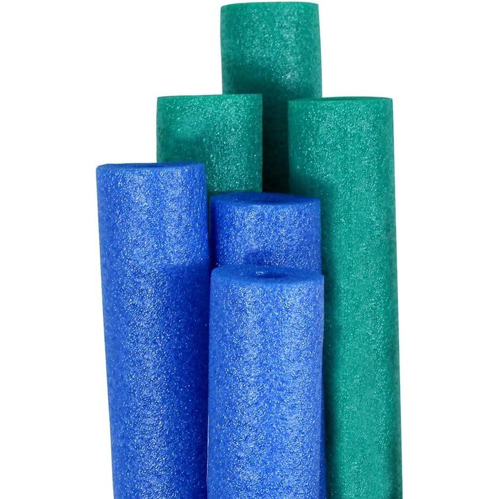 Pool Mate Premium Extra Large Swimming Pool Noodles 6 Pack front view showcasing three blue and three teal jumbo foam rollers.