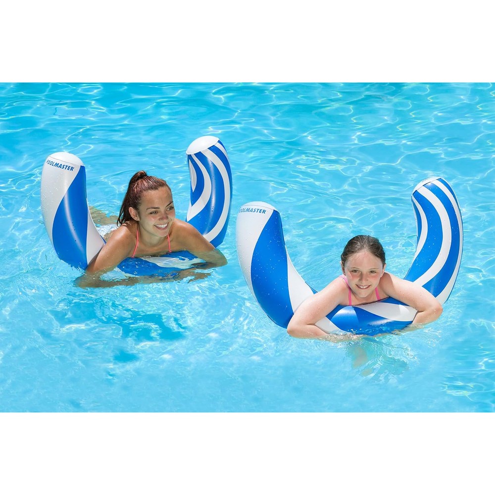 Poolmaster Inflatable Curved Swimming Pool Noodle front view showing the blue and white striped pattern.
