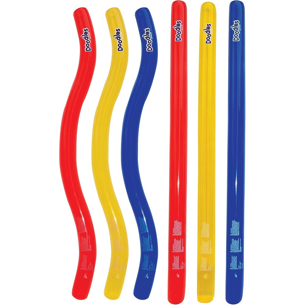 Swimline Doodles Inflatable Pool Noodle Float front view pack of six colorful multi shape imported pool toys for family swimming parties.