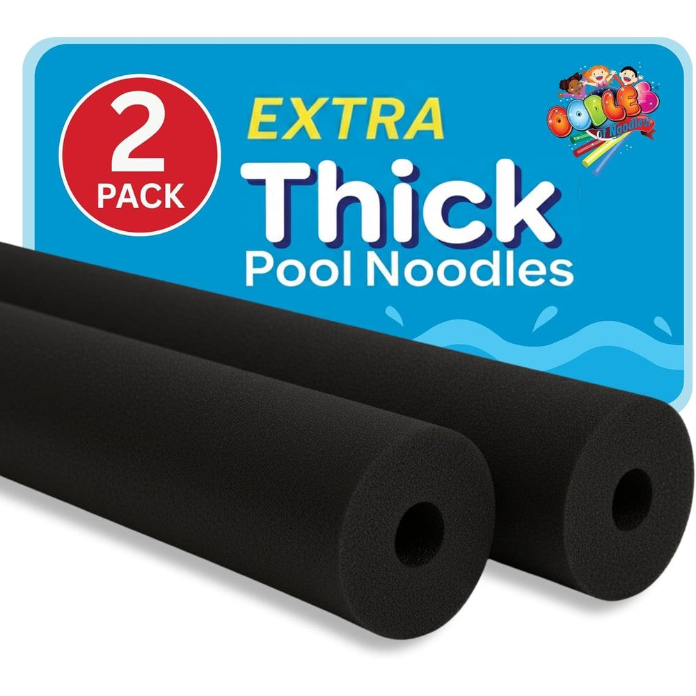 Oodles of Noodles premium jumbo xl foam pool swim noodles two pack front view featuring heavy duty black swimming tubes.