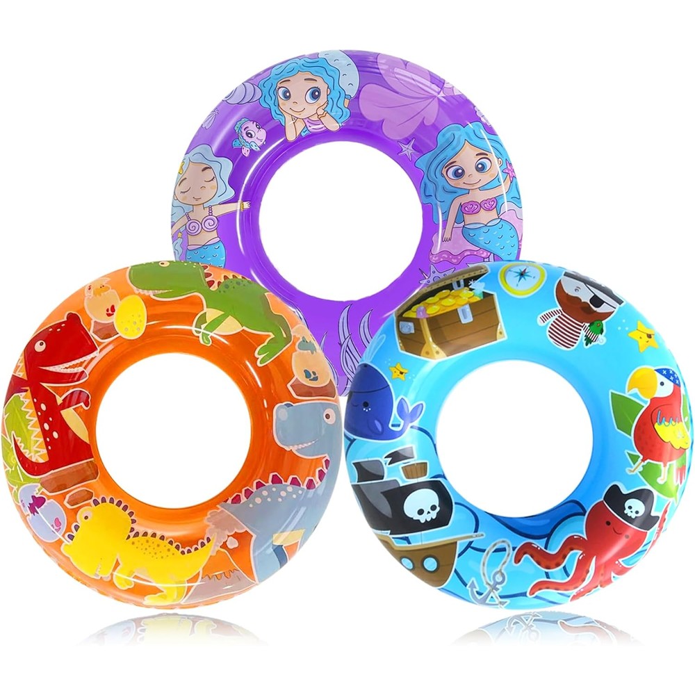 Jomi and Jolly 3-pack kids pool floats with dinosaur, pirate, and mermaid designs
