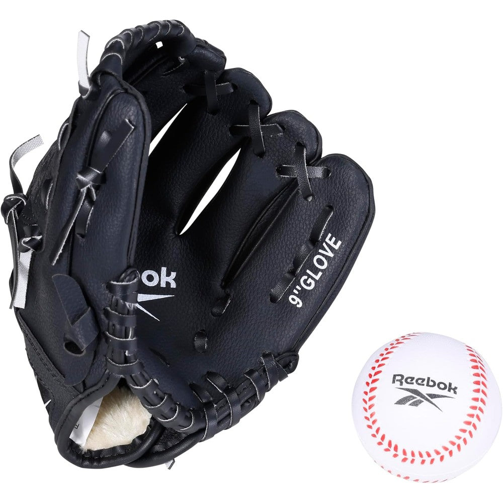 Reebok youth 9-inch baseball glove front view with foam ball