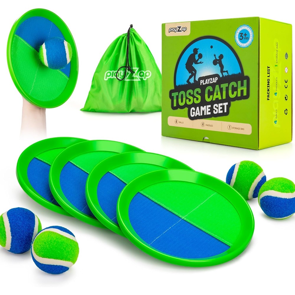 PlayZap Toss and Catch Ball Set front view with 4 paddles