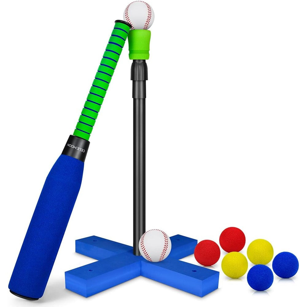CeleMoon Foam T-Ball Set For Kids And Toddlers 3-5 Years Old With Adjustable Batting Tee And 8 Soft Balls Blue Color Indoor Outdoor Sport Playing Toy - Image 1