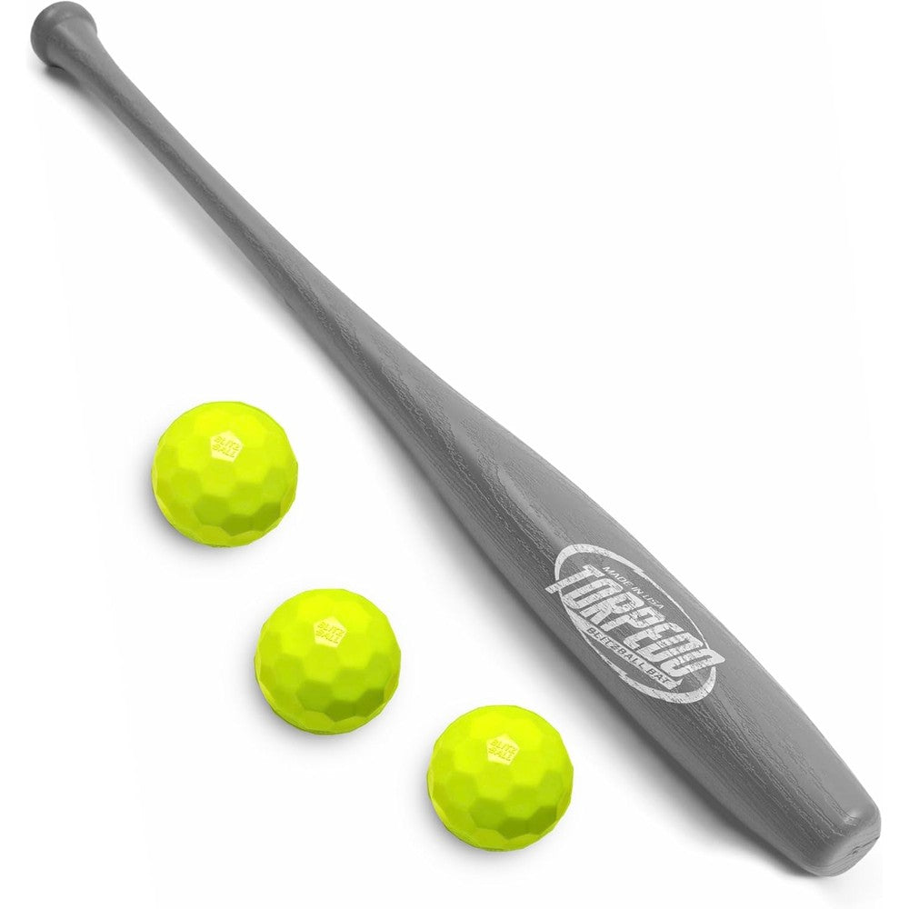 Blitzball Torpedo Set including official bat and three neon yellow balls front view
