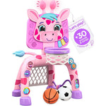 Move2Play Giraffe Basketball Hoop and Soccer Goal Activity Center front view